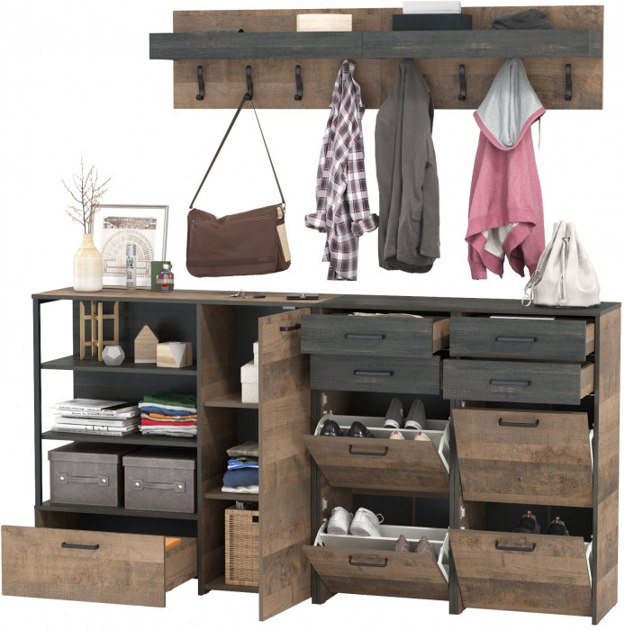 Трувор Прихожая 162, цвет дуб гранж песочный/интра, ШхГхВ 209х37х195 см., универсальная сборка