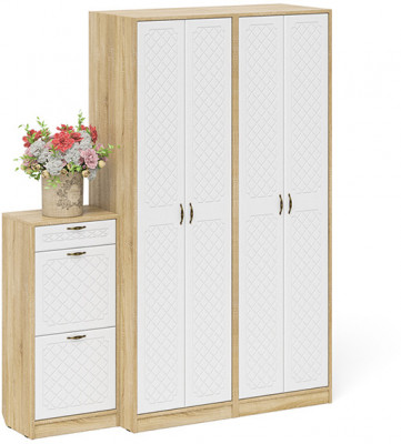 Прихожая П-6 Компоновка № 13, цвет дуб сонома/фасады МДФ белое дерево фрезеровка ромб, ШхГхВ 170х50х210 см., универсальная сборка