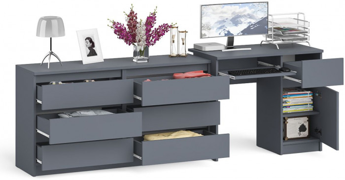 Мори компьютерный стол МС-1 правый + Комод МК1380.6, графит