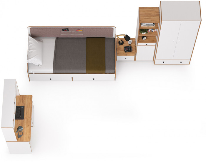 Вуди Компоновка № 39, цвет белый премиум/дуб крафт золотой/саванна латте, сп. м. 900х2000 мм., б/м, основание есть, матрас высотой до 200 мм.