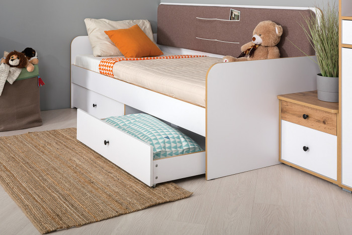 Вуди Компоновка № 39, цвет белый премиум/дуб крафт золотой/саванна латте, сп. м. 900х2000 мм., б/м, основание есть, матрас высотой до 200 мм.