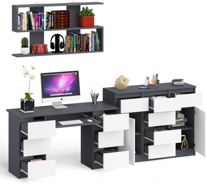 Мори компьютерный стол МС-2 + Комод МК1200.4 + Полка 1200, графит/белый