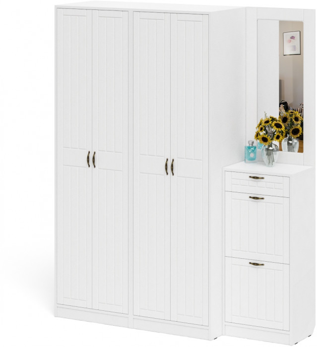 Прихожая П-6 Компоновка № 14, цвет белая шагрень/фасады МДФ белое дерево фрезеровка прованс, ШхГхВ 170х50х210 см., универсальная сборка