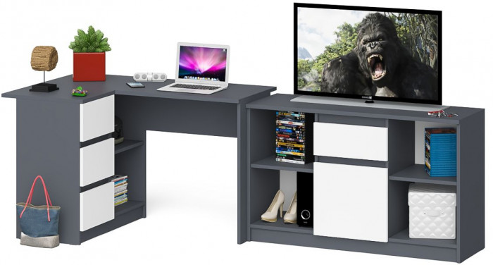 Мори компьютерный стол МС-16 левый + Тумба МТВ1204.1, графит/белый