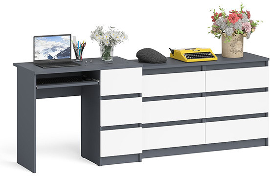 Мори компьютерный стол МС-6 правый + Комод МК1200.6, графит/белый