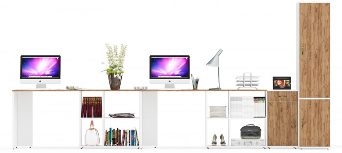 Лидер-8 Стол + Стол + Пенал МД 23Б + Тумба МД 3.15, цвет белый шагрень/крафт золото, ШхГхВ 410х50х75/190 или 230х160/50х75/190 см., НЕ ун. сб.