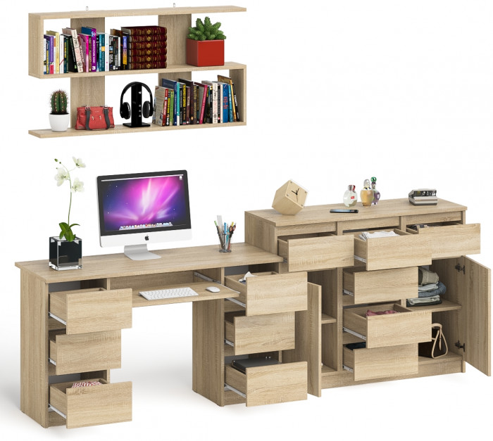 Мори компьютерный стол МС-2 + Комод МК1200.4 + Полка 1200, дуб сонома