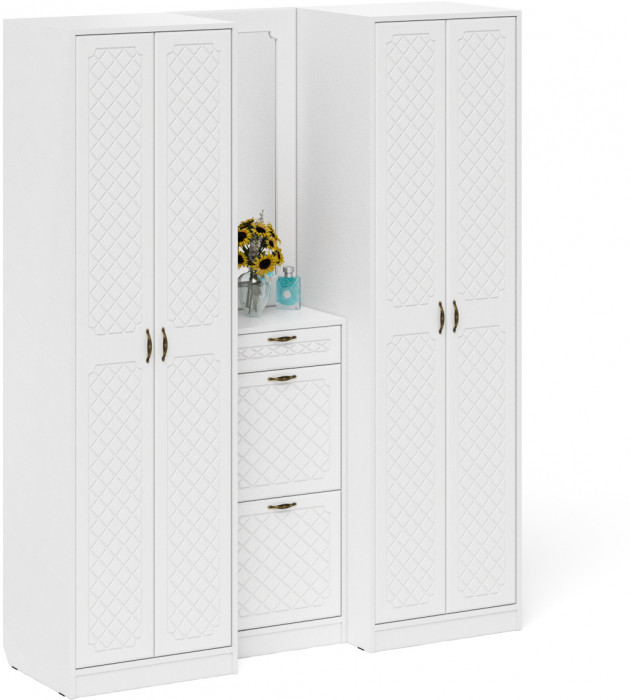 Прихожая П-6 Компоновка № 14, цвет белая шагрень/фасады МДФ белое дерево фрезеровка ромб, ШхГхВ 170х50х210 см., универсальная сборка