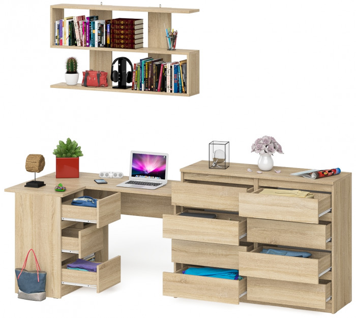 Мори компьютерный стол МС-16 левый + Комод МК1200.8 + Полка 1200, дуб сонома