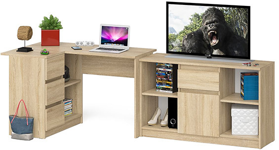 Мори компьютерный стол МС-16 левый + Тумба МТВ1204.1, дуб сонома