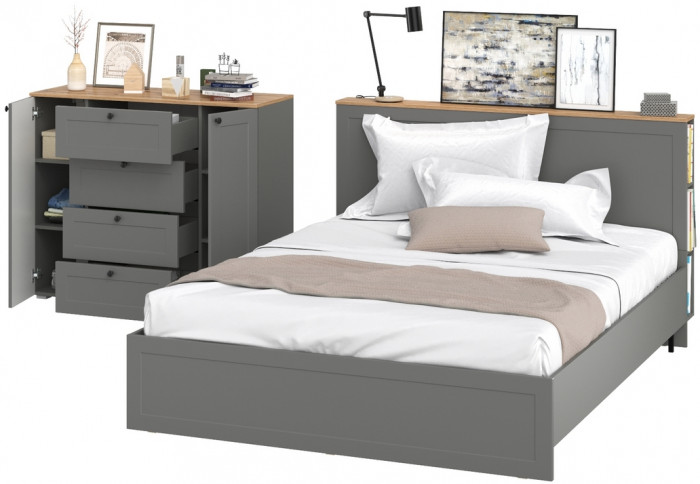 Остин 11.53 Кровать + ортопед + 16.221 Комод, серый графит/дуб крафт золотой