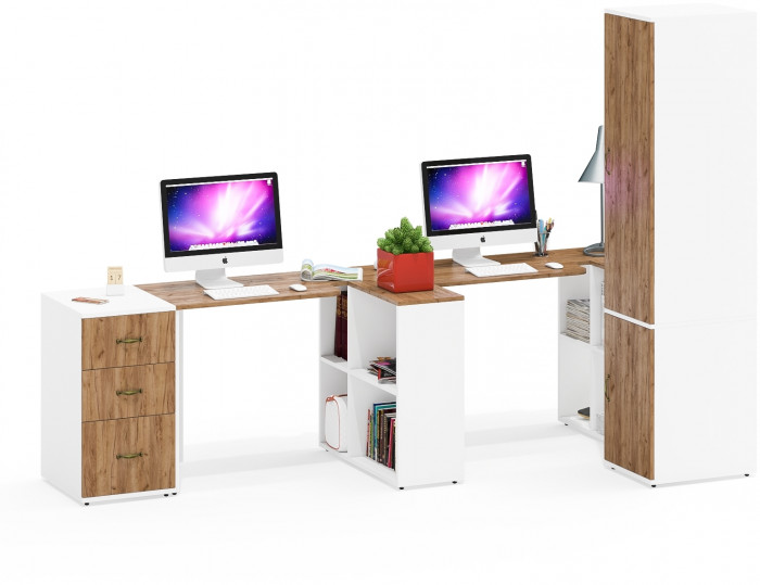 Лидер-8 Стол + Стол + Пенал МД 23Б + Тумба МД 3.16, цвет белый шагрень/крафт золото, ШхГхВ 410х50х75/190 или 270х120/50х75/190 см., НЕ ун. сб.