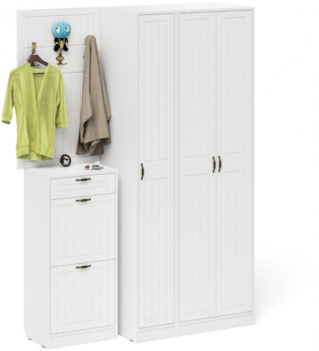 Прихожая П-6 Компоновка № 50, цвет белая шагрень/фасады МДФ белое дерево фрезеровка прованс, ШхГхВ 150х50х210 см., универсальная сборка