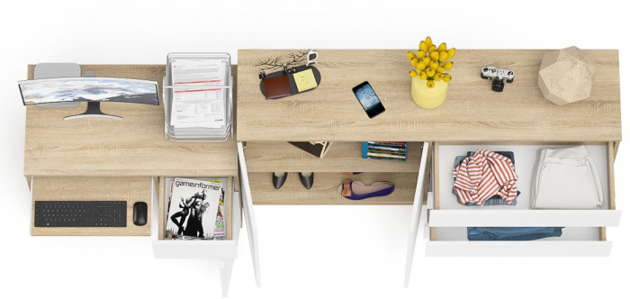 Мори компьютерный стол МС-1 правый + Комод МК1600.1, дуб сонома/белый