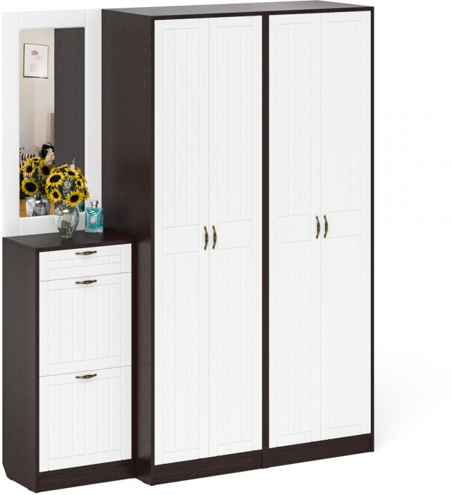 Прихожая П-6 Компоновка № 14, цвет венге/фасады МДФ белое дерево фрезеровка прованс, ШхГхВ 170х50х210 см., универсальная сборка