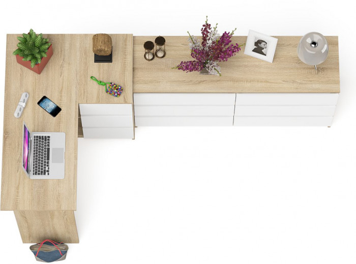 Мори компьютерный стол МС-16 правый + Комод МК1380.6, дуб сонома/белый