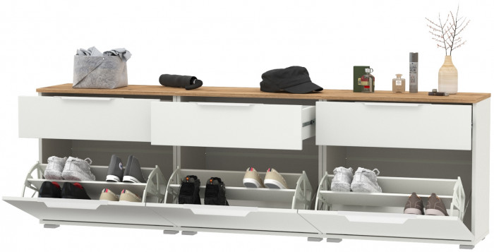 Октава 16.127 Тумба для обуви + 16.127 Тумба + 16.127 Тумба, белый шагрень/дуб крафт золотой/фасады МДФ белый шагрень