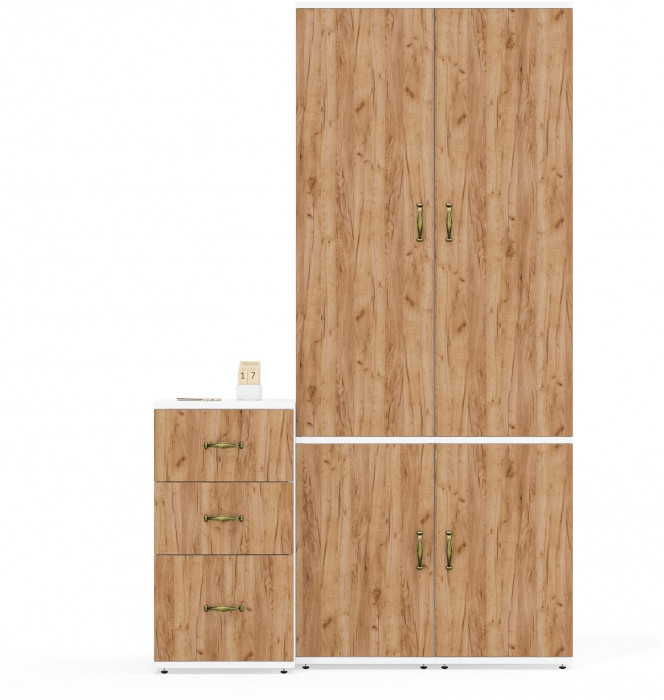 Лидер-8 Пенал МД 22Б + Пенал МД 22Б + Тумба МД 3.16, цвет белый шагрень/крафт золото, ШхГхВ 120х50х190 см., универсальная сборка