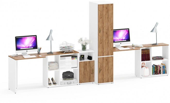 Лидер-8 Стол + Стол + Пенал МД 23Б + Тумба МД 3.19, цвет белый шагрень/крафт золото, ШхГхВ 410х50х75/190 или 230х160/50х75/190 см., НЕ ун. сб.