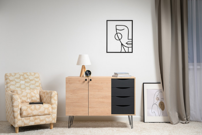 Брюс Комод-тумба 16.233, цвет чёрный/Battle rock Santiago, ШхГхВ 113,4х38,3х85,6 см., универсальная сборка, две дверки и четыре выдвижных ящика