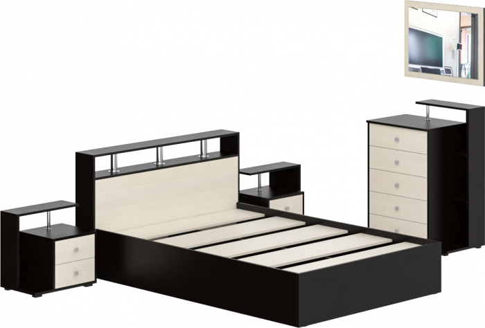 Камелия спальня № 5 Кровать 1400 + Две тумбы + Комод + Зеркало, цвет венге/дуб лоредо, сп.м. 1400х2000 мм., б/м, основание есть