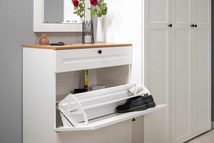 Остин 16.121 Тумба для обуви + 16.121 Тумба д/обуви + 16.121, цвет белый шагрень/серый графит/дуб крафт золотой, ШхГхВ 240х41,6х99,3 см, ун. сб.