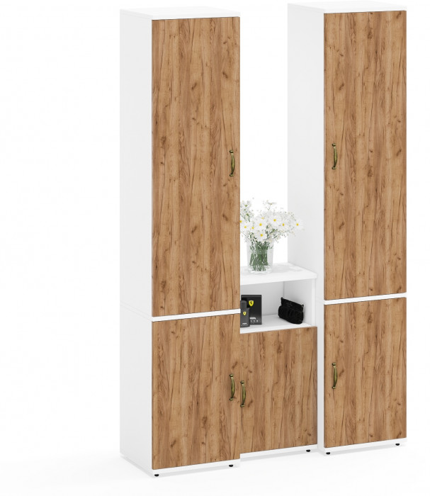 Лидер-8 Пенал МД 22Б + Пенал МД 22Б + Тумба МД 3.19, цвет белый шагрень/крафт золото, ШхГхВ 120х37,5х190 см., универсальная сборка