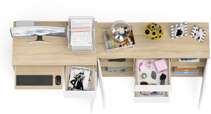 Мори Стол компьютерный МС-1 правый + Комод МК1200.3, цвет дуб сонома/белый, ШхГхВ 210,4х50х76,6 см., выдвижной ящик справа, НЕ универсальная сборка