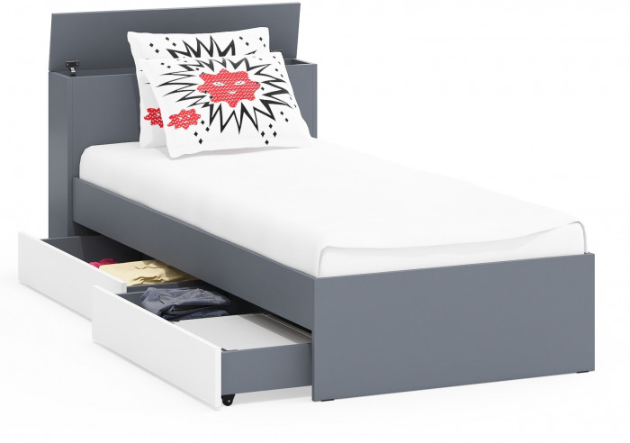 Ксения Кровать с ящиками 0900, цвет графит/белый, ШхГхВ 96,4х221,6х72 см., сп.м. 900х2000 мм., без матраса, основание есть, универсальная сборка