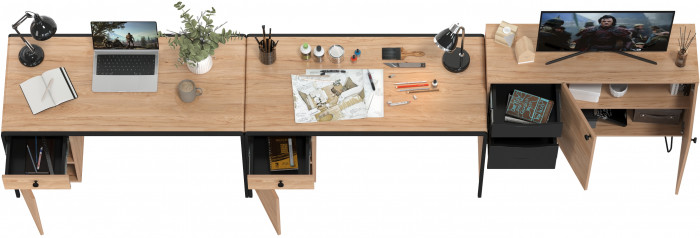 Брюс Стол 12.157 + Комод 16.233 + Стол 12.157, цвет чёрный/Battle rock Santiago/столешница МДФ ель карпатская, 373,4х62,6(38,3)х75(85,6) см., ун. сб.