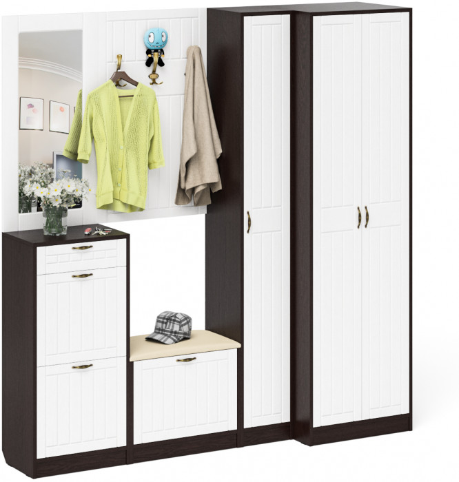 Прихожая П-6 Компоновка № 31, цвет венге/фасады МДФ белое дерево фрезеровка прованс, ШхГхВ 200х50х210 см., универсальная сборка