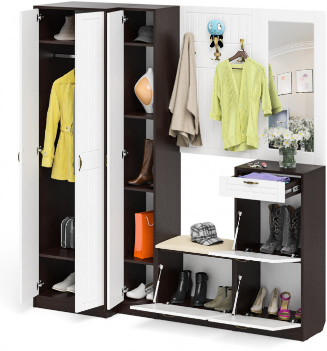 Прихожая П-6 Компоновка № 31, цвет венге/фасады МДФ белое дерево фрезеровка прованс, ШхГхВ 200х50х210 см., универсальная сборка