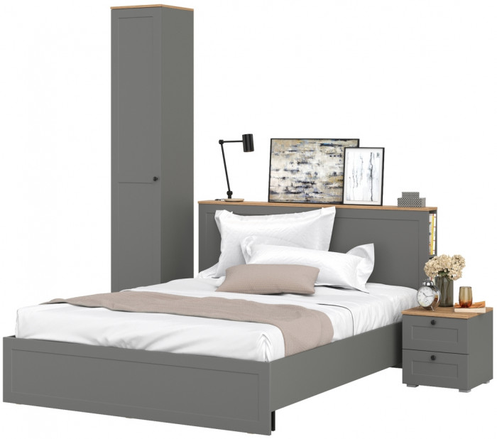 Остин 11.53 Кровать + ортопед + 13.227 Шкаф-пенал + 16.152 Тумба прикроватная, серый графит/дуб крафт золотой