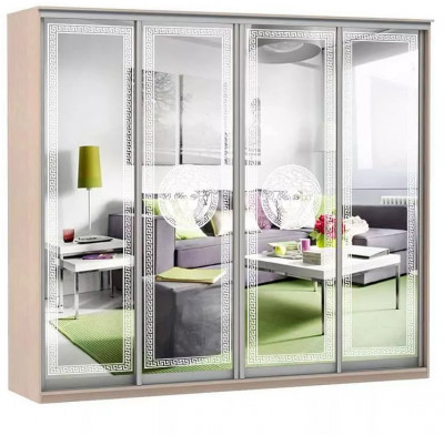 Шкаф купе Модерн 2362х450 4-х дверный 4-х секционный зеркальный с пескоструем №1 ясень