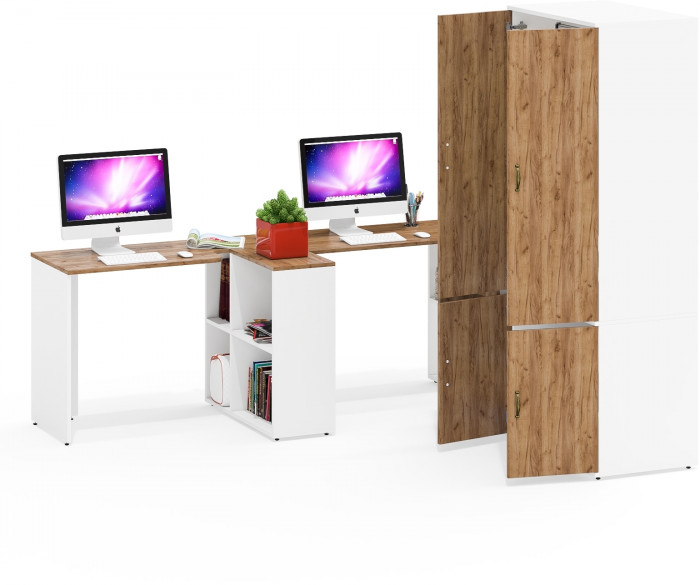 Лидер-8 Стол + Стол + Шкаф МД 19Б + Тумба МД 3.15, цвет белый шагрень/крафт золото, ШхГхВ 450х50х75/190 или 230х200/50х75/190 см., НЕ ун. сб.