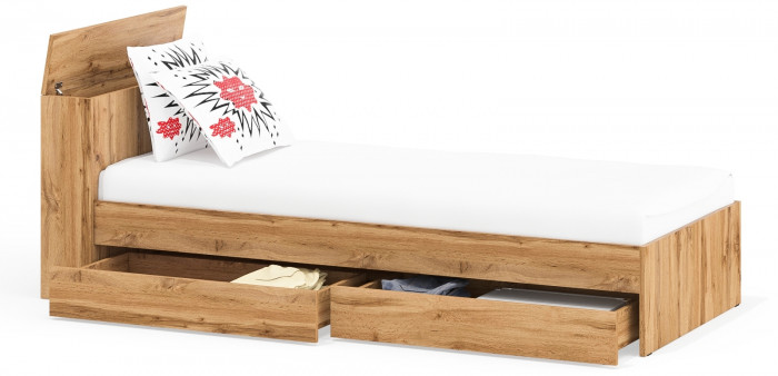 Ксения Кровать с ящиками 0900, цвет дуб вотан, ШхГхВ 96,4х221,6х72 см., сп.м. 900х2000 мм., без матраса, основание есть, универсальная сборка