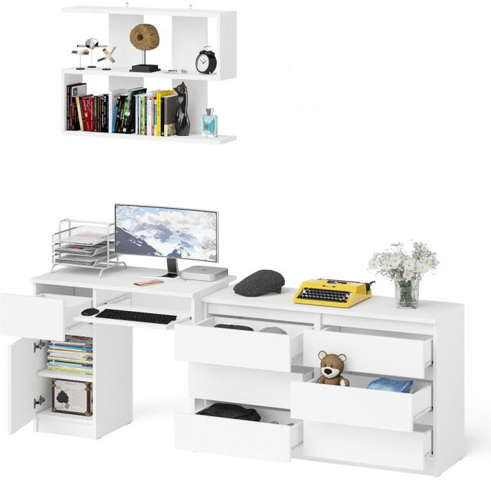 Мори компьютерный стол МС-1 левый + Комод МК1200.6 + Полка 900, белый