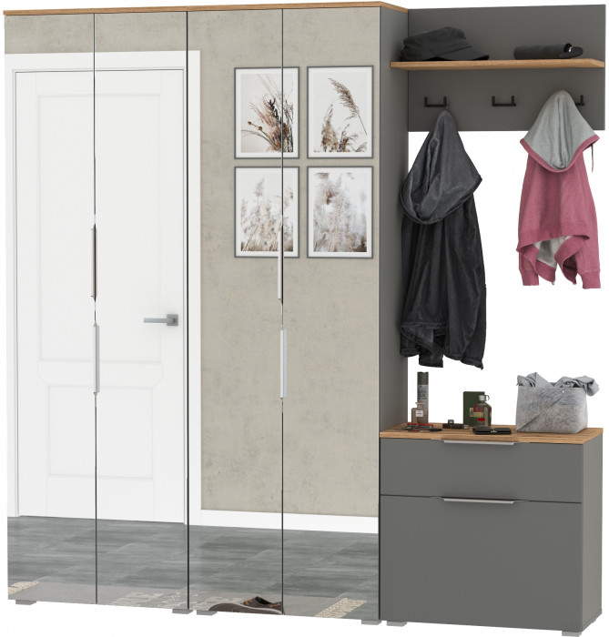 Октава Прихожая 25, цвет серый графит/дуб крафт золотой/фасады МДФ серый графит, ШхГхВ 193,7х35,4х197,6 см., универсальная сборка