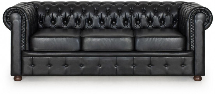 Диван кожаный черный, прямой 3-х местный, для дома, офиса, гостиной, кабинета Честер