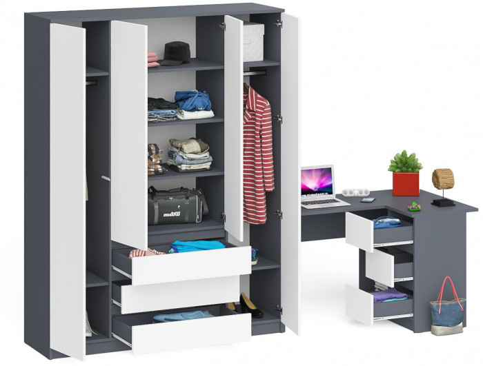 Мори компьютерный стол МС-16 правый + Шкаф МШ1600.1, графит/белый