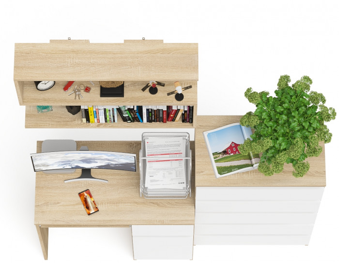 Мори компьютерный стол МС-1 правый + Комод МК700.5 + Полка 900, дуб сонома/белый