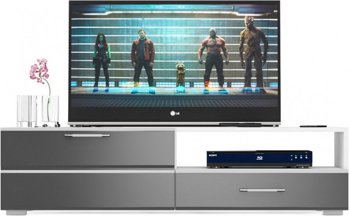 Тумба под ТВ Ларго 1,4, цвет корпус белый/фасады МДФ графитово-серый глянец, ШхГхВ 140х46х35 см., НЕ универсальная сборка