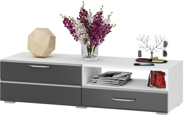 Тумба под ТВ Ларго 1,4, цвет корпус белый/фасады МДФ графитово-серый глянец, ШхГхВ 140х46х35 см., НЕ универсальная сборка