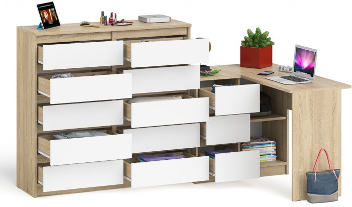 Мори Стол компьютерный МС-16 левый + Комод МК1200.10, цвет дуб сонома/белый, ШхГхВ 244,8х84,9х115 см., выдвижные ящики слев, НЕ универсальная сборкаа