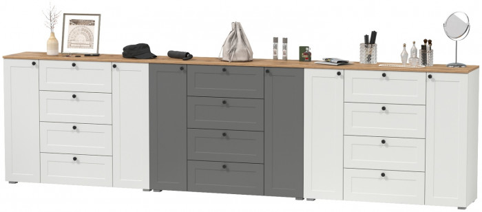 Остин 16.221 Комод + 16.221 Комод + 16.221 Комод, белый шагрень/серый графит/дуб крафт золотой