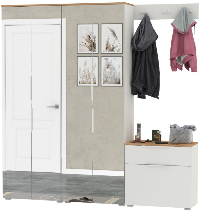 Октава Прихожая 26, цвет белый шагрень/дуб крафт золотой/фасады МДФ белый шагрень, ШхГхВ 193,7х35,4х197,6 см., универсальная сборка