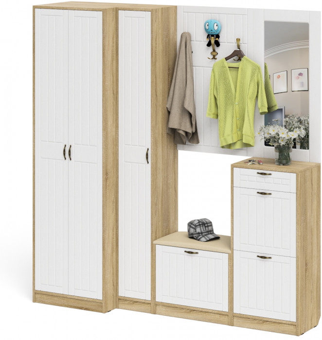 Прихожая П-6 Компоновка № 31, цвет дуб сонома/фасады МДФ белое дерево фрезеровка прованс, ШхГхВ 200х50х210 см., универсальная сборка