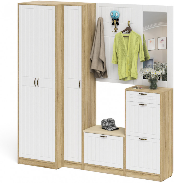 Прихожая П-6 Компоновка № 31, цвет дуб сонома/фасады МДФ белое дерево фрезеровка прованс, ШхГхВ 200х50х210 см., универсальная сборка