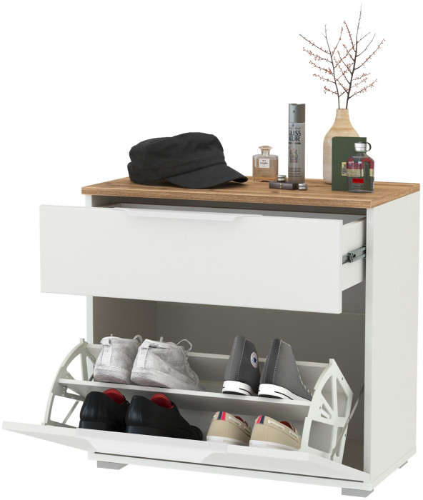 Октава 16.127 Тумба для обуви, белый шагрень/дуб крафт золотой/фасады МДФ белый шагрень