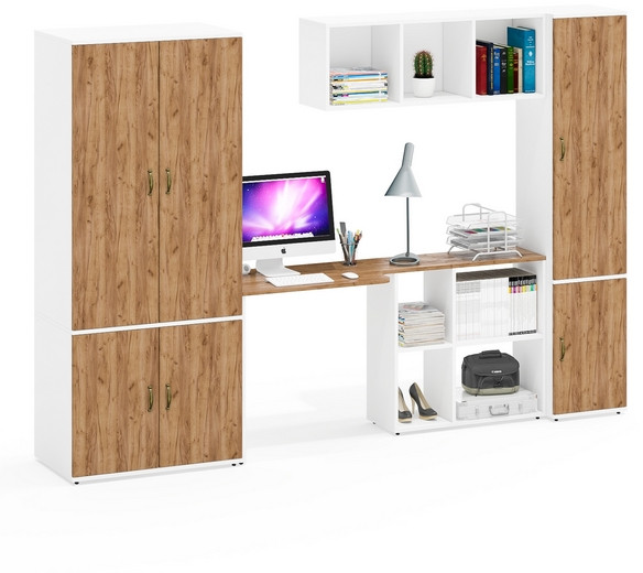 Лидер-8 Шкаф МД 19Б + Стол + Полка + Пенал 21Б, цвет белый шагрень/крафт золото, ШхГхВ 285х50/37,5х75/190 или 195х120х75/190 см., НЕ ун.сб.